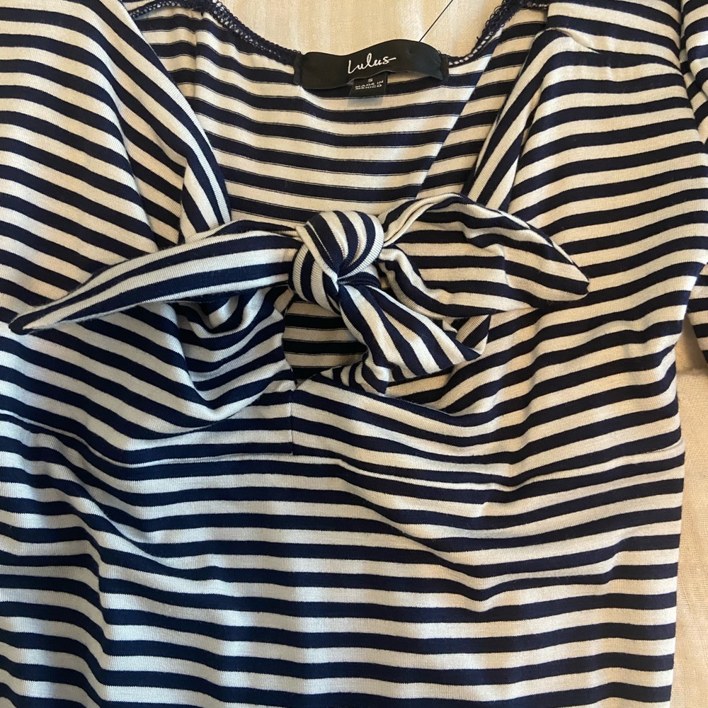 NWT Lulu’s Tie Fidelity Navy Blue and White Striped
Tie-Front Bodysuit - Picture 8 of 10